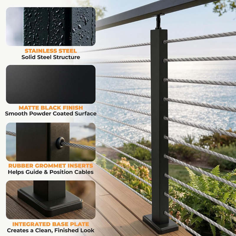 Poteau de niveau 36 en câble, poteau de câble horizontal percé pour terrasse et escalier, fini noir mat (poteau de niveau)