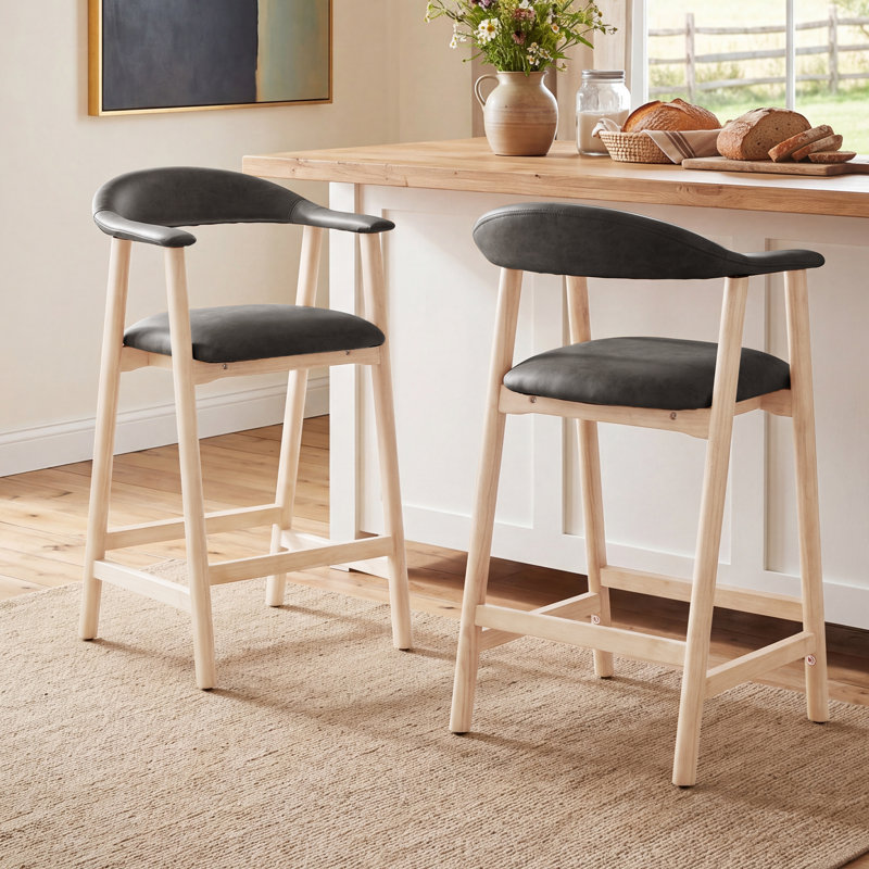 Contemporary Upholstered Bar Stool With Wood Legs And Curved Back, Dark Gray
