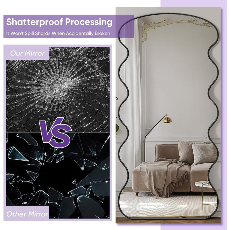 Miroir pleine longueur ondulé, 76 po x 34 po, autoportant ou mural, miroir moderne avec support, pour chambre à coucher, salon ou vestiaire