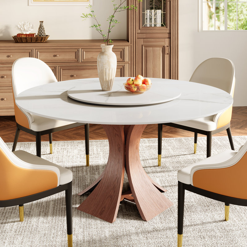 Table de salle à manger Mid-Century en pierre frittée ronde avec plateau tournant amovible pour 4-6, Blanc