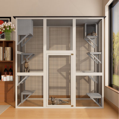 Enceinte d'extérieur pour chat 70,9 po en bois gris avec toit en asphalte résistant aux intempéries, grande maison pour chat avec 6 plateformes et 2 boîtes de sieste, parc pour chat en bois massif pour patio ou cour arrière