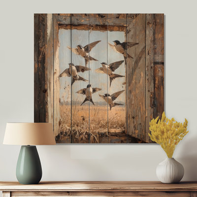 Abstract Bird Swallows In The Hayloft - Bird Wood Print - On Natural Pine Wood