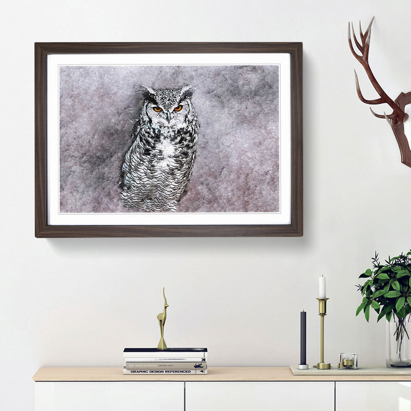 Horned Owl in Pink & Lilac in Abstract - Picture Frame Painting Print on MDF, 27cm H x 36cm W x 2cm D, Walnut Framed