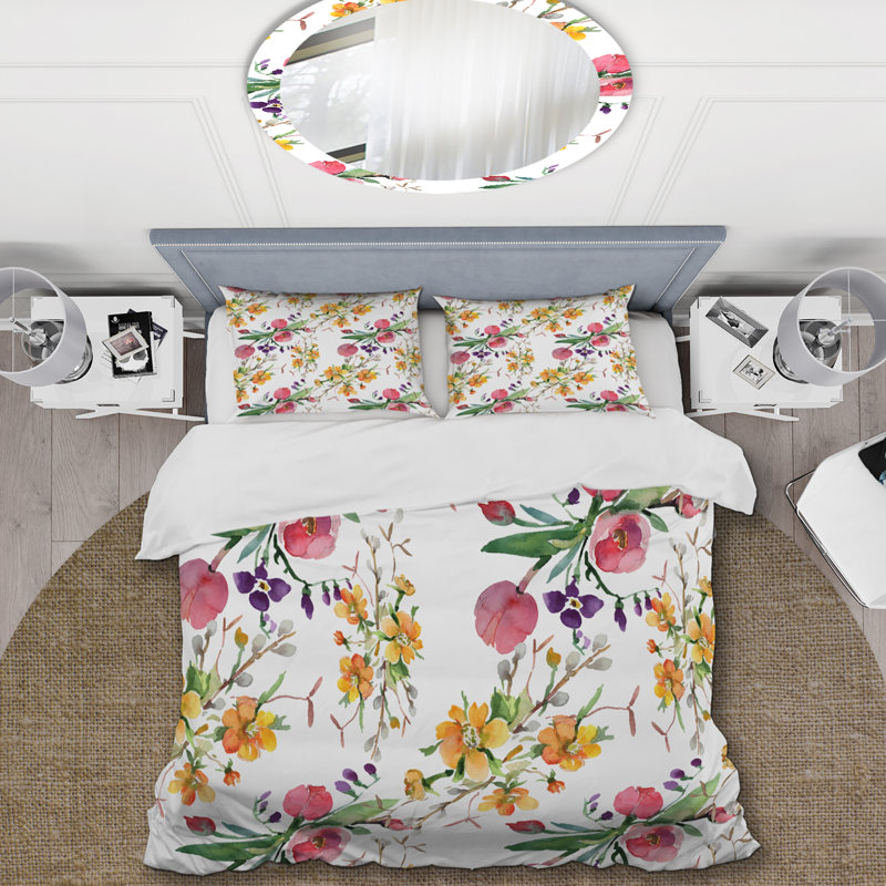 Fleurs rétro et feuilles vertes - ensemble de housse de couette floral - microfibre de polyester