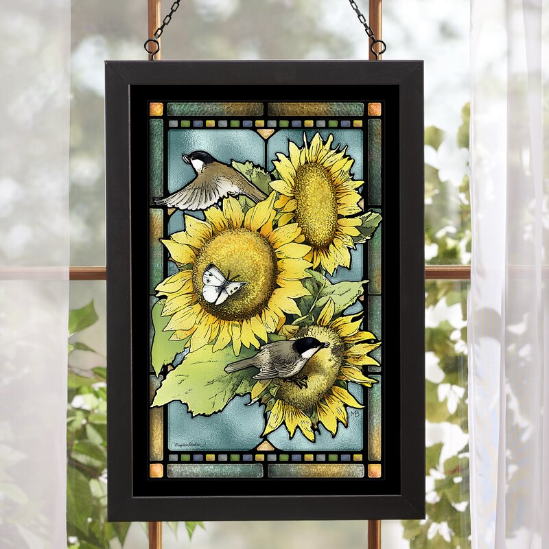 Chickadees and Sunflowers Window Panel