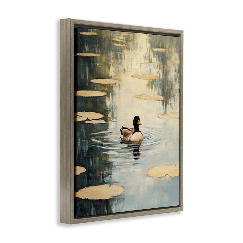«Lily Pond Duck Floater», art mural par Franklyn Gregory, H 31 po x l 25 po, Cadre flottant orme Montalcino