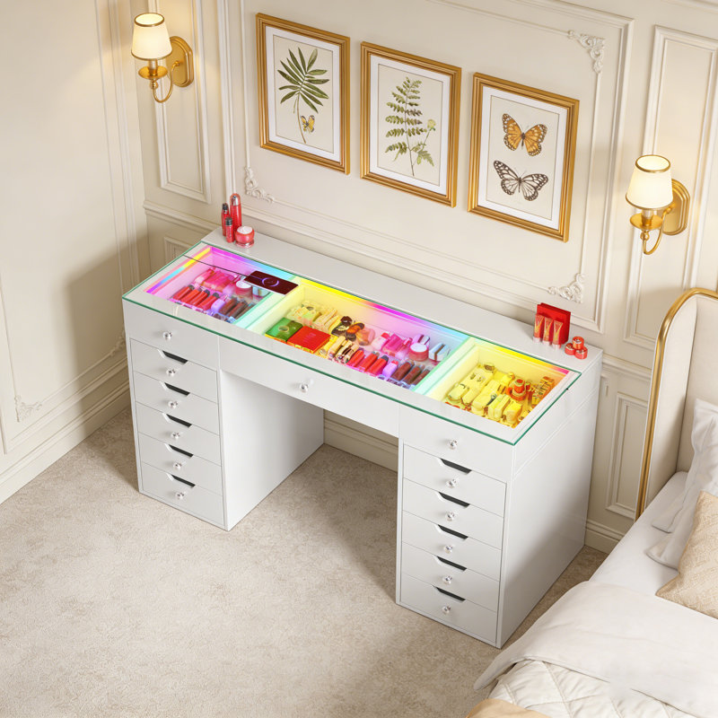 Paten Makeup Vanity HD Glass Top Built-in LED Light Strips Large 13 Drawers Diamond Handles USB and Type-C, White