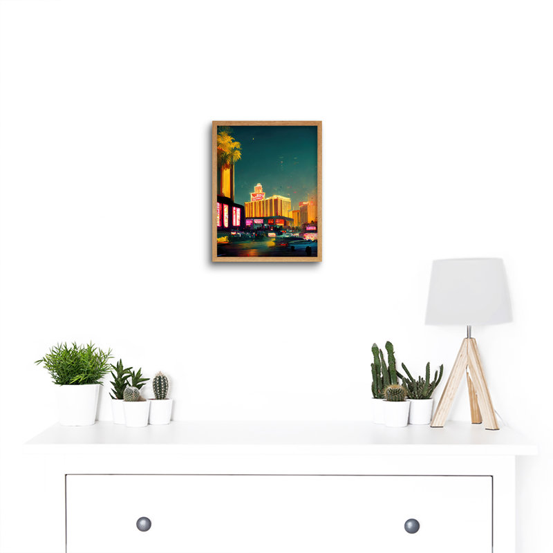 Las Vegas Strip Cityscape Skyline Street - Painting, Light Brown Framed Paper, 25.9cm H x 20.6cm W