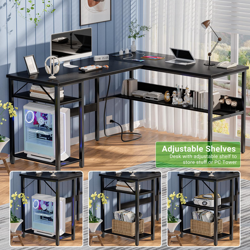 Afjol 47'' L Shaped Desk with Magic Power Outlets, USB Charging Ports and Storage Shelves, Black/Black