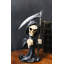 Figurine de la Faucheuse tenant une faux et faisant un geste de pouce vers le bas, squelette gothique