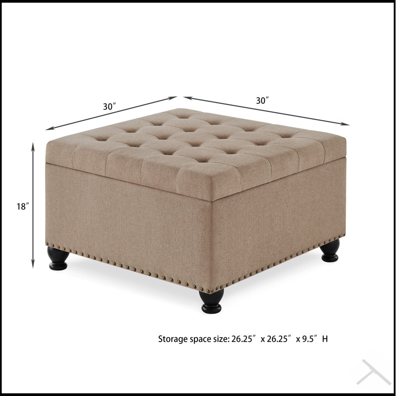 Grand repose-pieds carré avec rangement et pieds en bois, table basse capitonnée à boutons pour des espaces de vie élégants