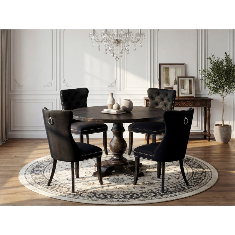 Cet ensemble de salle à manger 5 pièces comprend une table et 4 chaises en tissu de polyester noir avec dossier capitonné - Noir sablé
