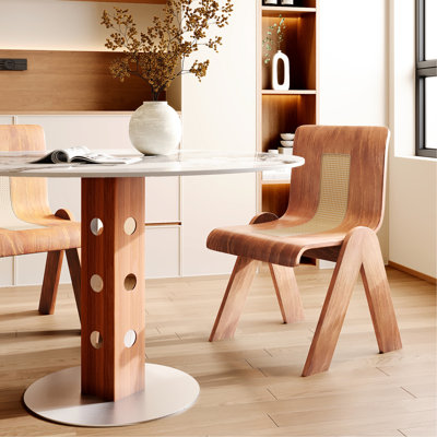 Table de salle à manger 4 places ronde, dimensions de 39,43 po, plateau en pierre frittée non poreuse et rayure, base en bois massif avec façade à pois, taille de piédestal de cuisine, couleurs noyer blanc, pierre, milieu
