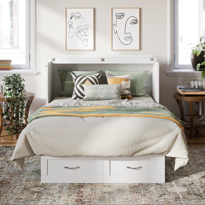 Commode avec lit escamotable et matelas de 6 po, tiroir de rangement et chargeur intégré Greeson, Blanc, Double