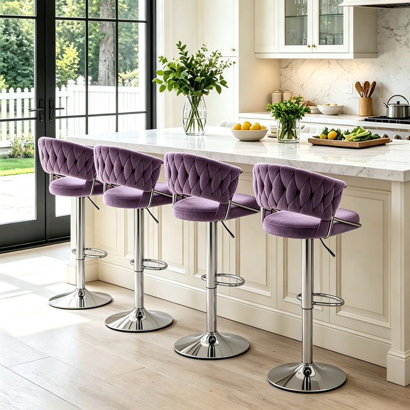 Christal Swivel Upholstered Adjustable Height Counter Stool, Purple, Silver