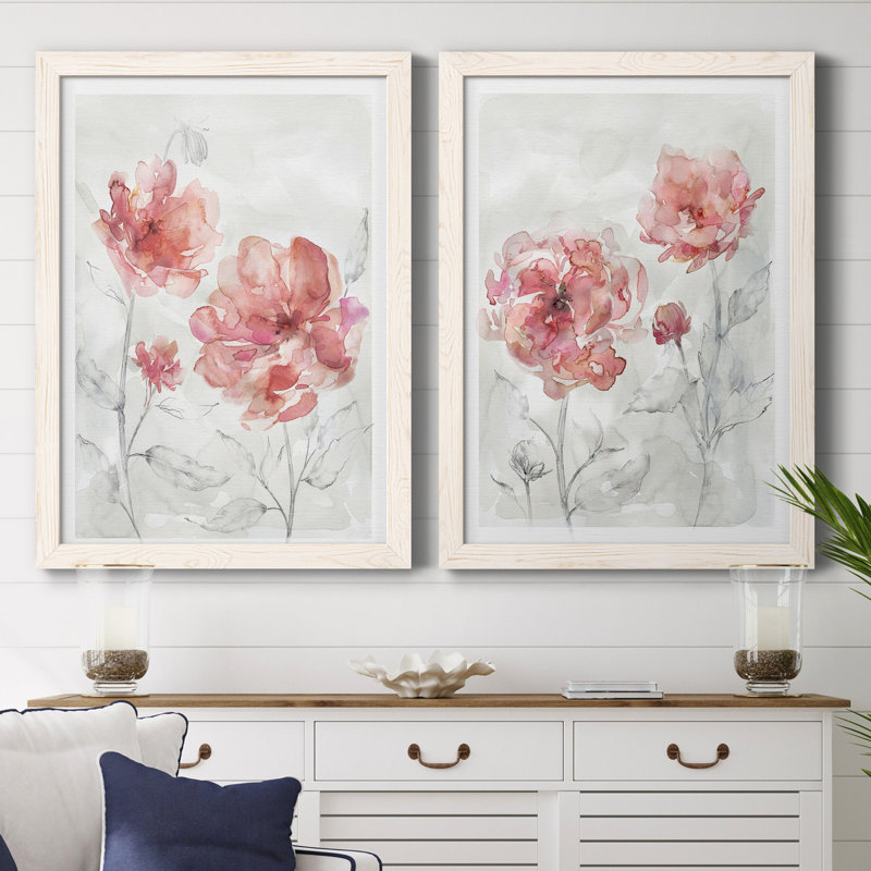«Blush Botanical I», ensemble de 2 reproductions d'art, H 31,5 po x l 47 po x P 1,5 po, Toile blanche encadrée, Pas de tapis
