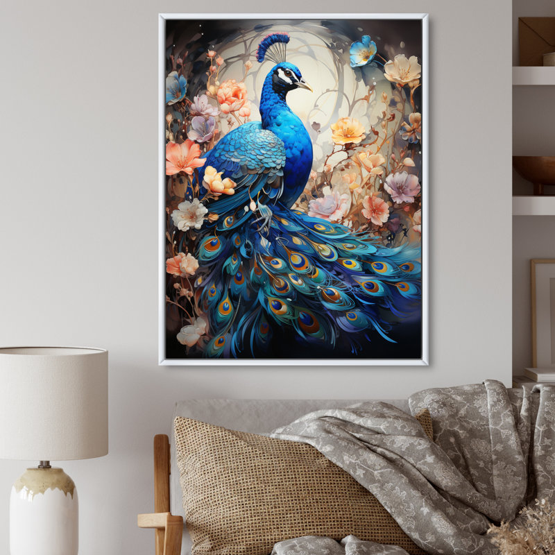 Woodsum Blue Coral Indian Art Dancing Peacock I - Art mural indien, H 32 po x l 16 po x P 1 po, Cadre flottant blanc