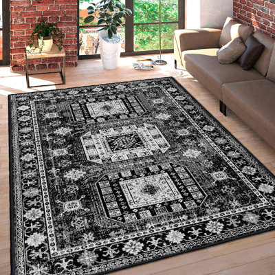 Stylish Cotton Area Rug, 3.3 x 6.6 Feet | 100% Cotton, 1200 GSM, Pile Height: 0.4 in, Non-Slip PVC Underside | Machine Washable, Antibacterial, Elegant White, Grey & Black Design | Perfect for Living Room & Bedroom