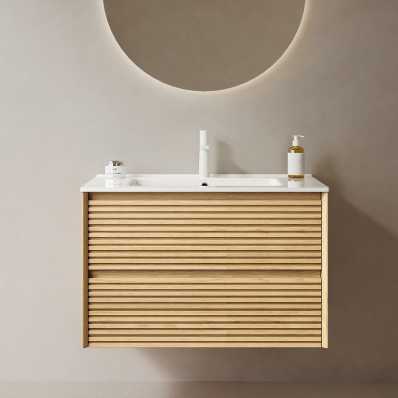 Aubrielle 30" Striped Solid Wood Bathroom Vanity With Sink, Modern Wall-mounted Floating Plywood Bathroom Storage Cabinet With 2 Drawers, White Ceramic Basin, Dark Oak