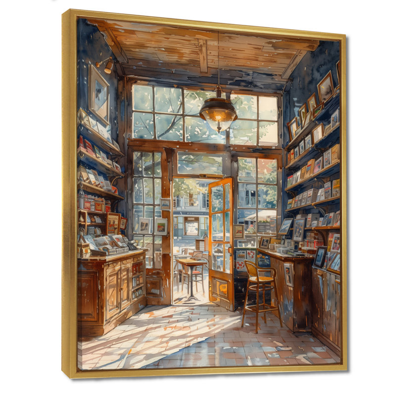 Café-restaurant jaune brun - Boutiques, Toile avec cadre flottant or, H 20 po x l 12 po x P 1 po