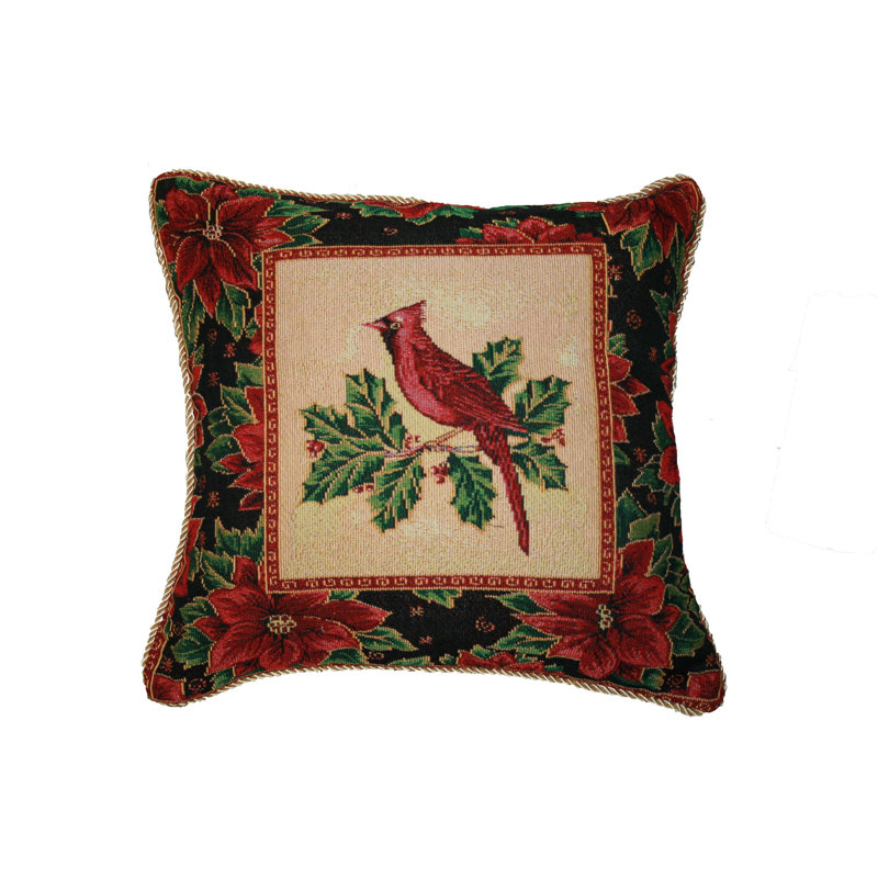 Cardinal Design Embroidered Christmas Square Throw Pillow
