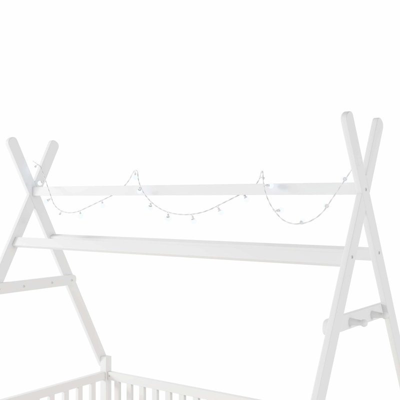 Lit simple à plancher bas avec lumière, clôture et toit pour enfants, blanc, Lit simple, Blanc