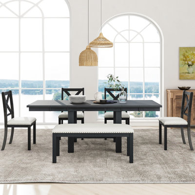 Table de salle à manger extensible de 82 pouces, table avec repose-pieds, 4 chaises, banc, 2 rallonges amovibles de 11 po, table noire, coussins beiges, atmosphère stable, fabrication stable, sièges confortables rembourrés noir et beige