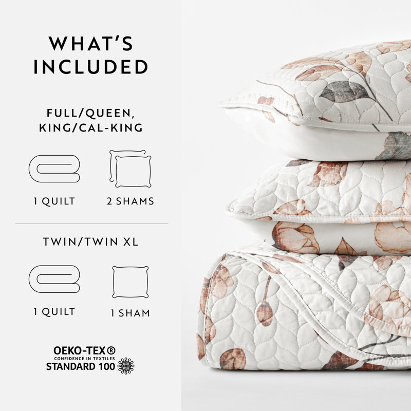Twin Reversible Floral Microfiber Quilt Set in Beige and Gray