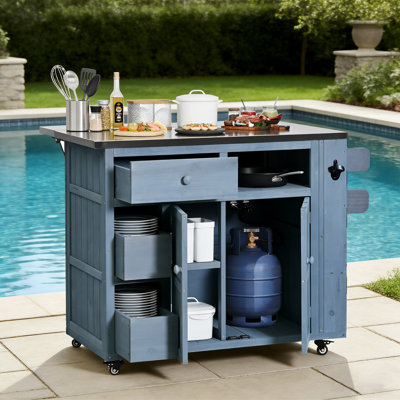 Extendable 41.9" Outdoor Kitchen Island With Stainless Steel Top And Side Spice Rack, Kitchen Cart With Drawers, Storage Cabinet