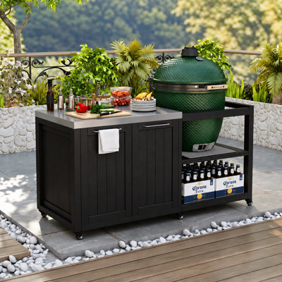 Outdoor Kamado Grill Cart & Prep Table for Large & XL Grills, 304 Stainless Steel Top, Solid Wood Storage Cabinet, Removable Grill Shelf, Locking Casters, Modular Outdoor Kitchen Design, Dark Brown