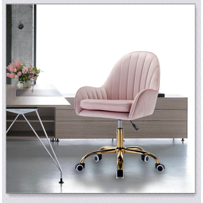 Chaise de bureau en velours avec roulettes, jolie chaise avec accoudoirs latéraux et base en métal doré pour le salon