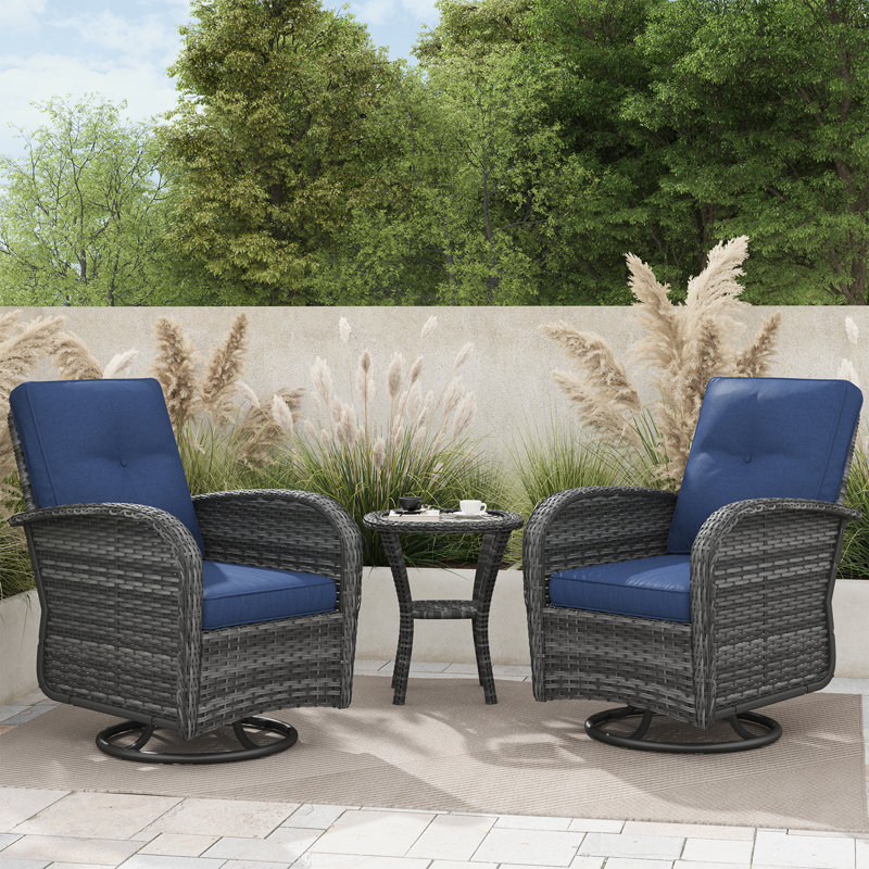 Ensemble de 3 chaises pivotantes en osier avec coussins et table d'appoint, Coussin bleu marine / structure grise