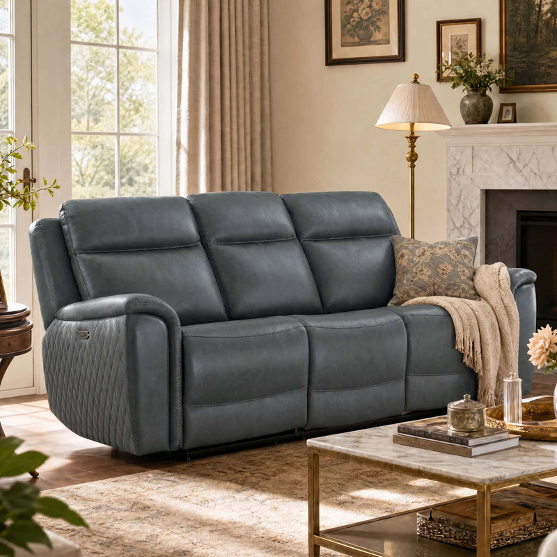88.6'' Genuine Leather Zero Gravity Power Recliner Sofa with USB Port, Chesapeake Blue
