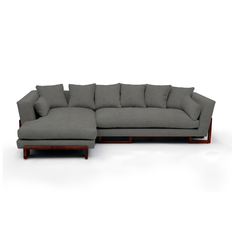 LRG Upholstered L-Shaped Sectional Left Hand Facing, Left Side Tray, Solid Walnut, Smoke Velvet