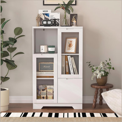 MDF painted Cabinet with Glass Doors and drawer, open storage space