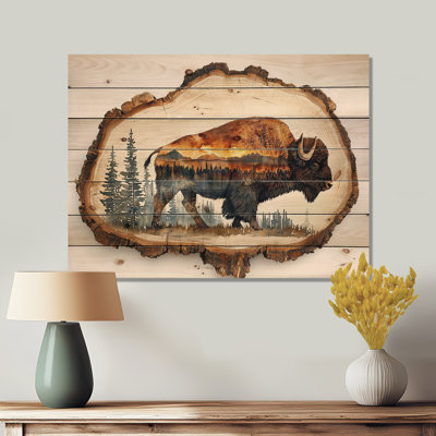 American Bison In Double Exposure Canyon III - Buffalo Animal Wood Wall Decor - On Natural Pine Wood