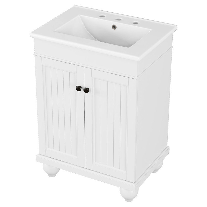 24" White Solid Wood Bathroom Vanity with Ceramic Sink