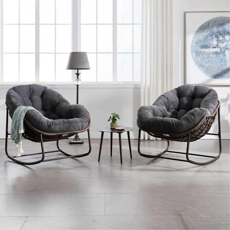 Chaise berçante en osier avec structure en métal, Oléfine gris clair