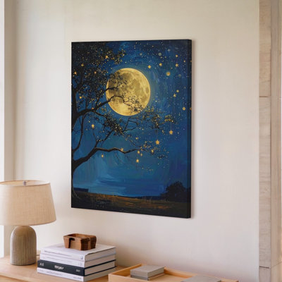 Canvas Wall Art A Panoramic Digital Artwork Of A Star Filled Night Sky With A Golden Full Moon Hanging Premium Quality Ready To Hang