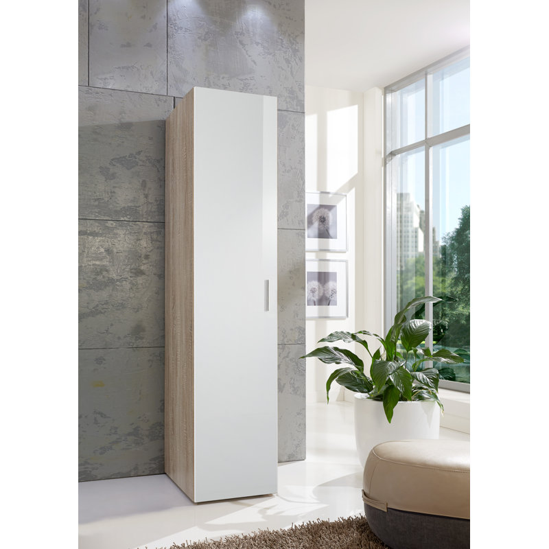 Thorgund 1 Door Wardrobe, 185cm H x 40cm W x 40cm D, No, High gloss white/Rough-cut oak