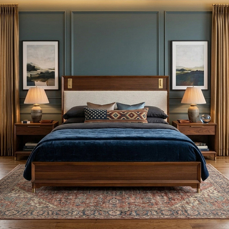 Solid Wood Upholstered Platform Bed with LED Reading Lights, King
