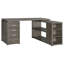 Bureau en forme de L gris patiné avec 3 tiroirs et cinq tablettes, parfait pour le bureau à domicile