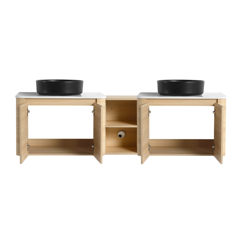 Meuble-lavabo mural de 183 cm avec lavabo en céramique décorative, 1 tablette de rangement, 4 portes à fermeture amortie, en contreplaqué livré démonté, meuble-lavabo moderne, emballage, mobilier contemporain