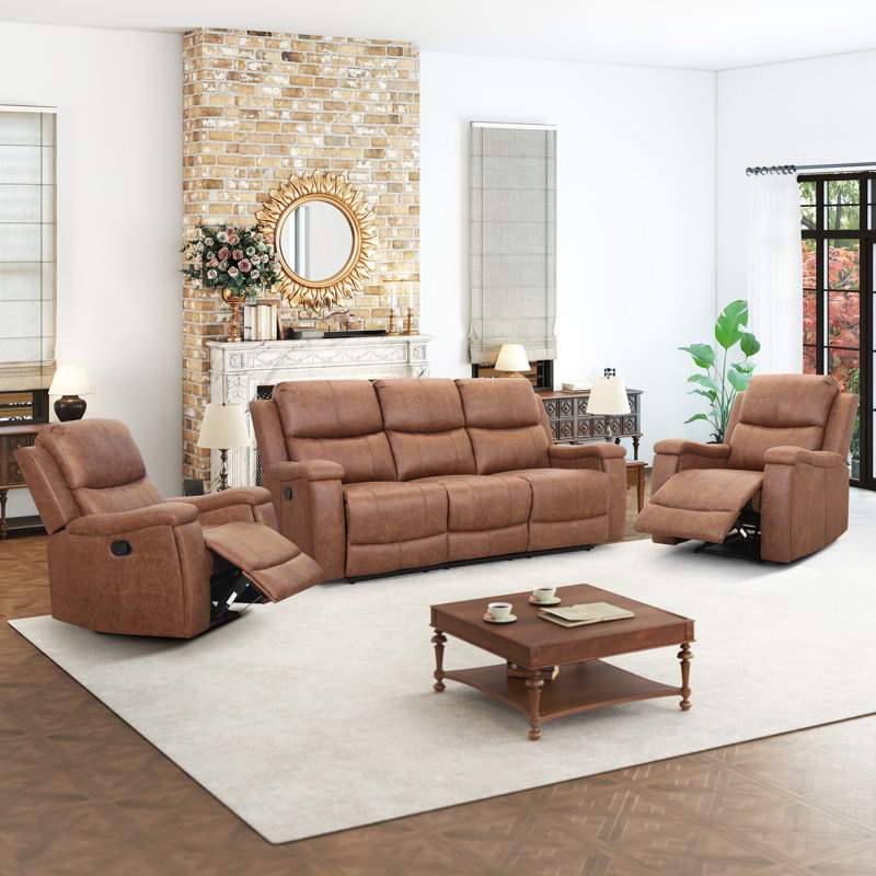 3-Piece Manual Recliner Set With Dual Armchairs And 3-Seat Sofa, Cup Holders, Cognac