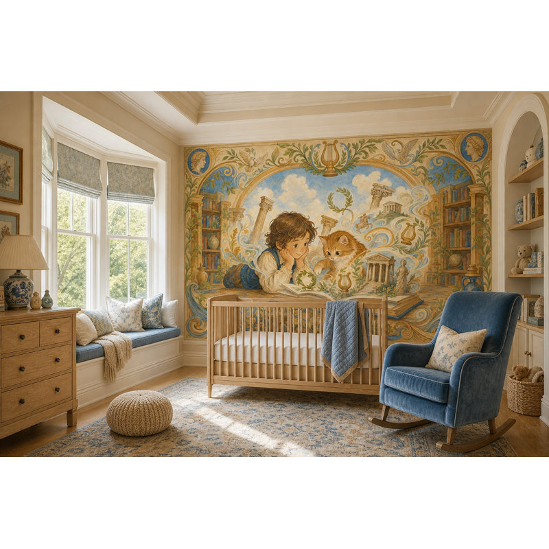 Papier peint mural représentant un enfant lisant une bibliothèque avec des colonnes gréco-romaines., 200"x120"