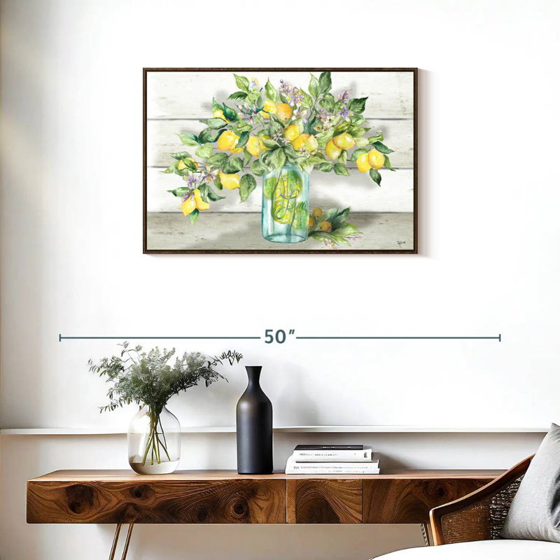 Aquarelle de citrons dans un pot Mason, Cadre flottant noyer, 31 po x 21 po