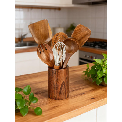 Ensemble 7 pièces d'ustensiles en bois d'acacia naturel avec support - cuillères de cuisson anti-égratignures, spatule, tourneur, écumoire, fourchette à salade pour batterie de cuisine antiadhésive