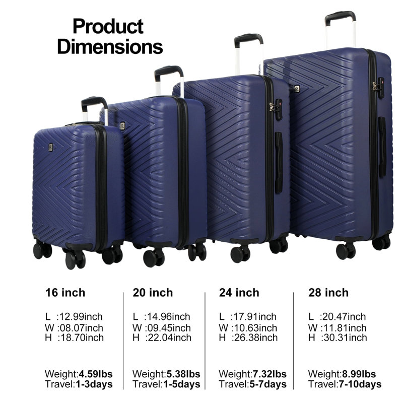 Ensemble de valises 4 pièces en ABS léger avec roues pivotantes, verrou TSA et intérieur spacieux, idéal pour les voyages et le rangement