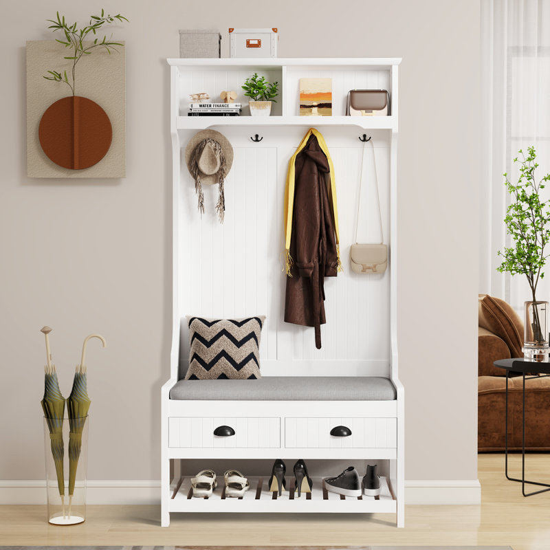 3-In-1 Multi-Functional Hall Tree With Coat Rack,Storage Bench,And Shoe Cabinet, White