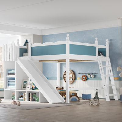 Queen Solid Wood Loft Bed with Slide, Ladders & Storage Shelves, Cabinet, Blue & White Kids Loft Bed, No Box Spring